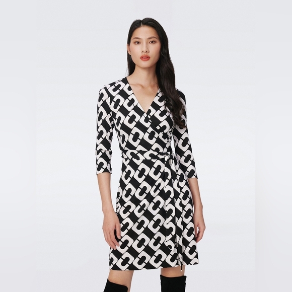 Diane von Furstenberg DVF Black White Chain Link Giant Julian Silk Wrap Dress 2 - Picture 1 of 15